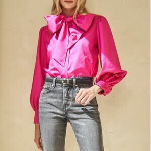 Hunter Bell Fuschia Hot Pink Farris Neck Bow Tie Long Sleeve Button Down Blouse